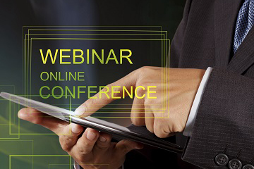 businessman hand show webinar online conference as concept