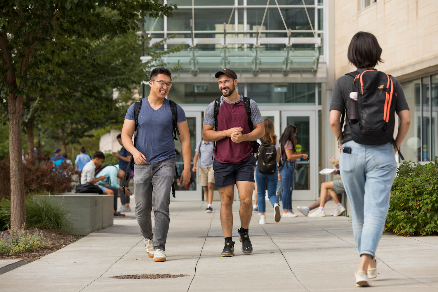 Students walking outside Statler Hall