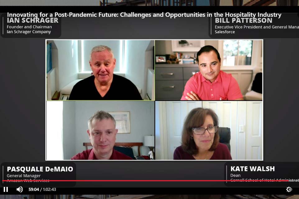Image of Dean Walsh and hotel and tech leaders Ian Schrager, Bill Patterson and Pasquale DeMaio, explore the landscape of post-pandemic customer relations on a zoom style meet up