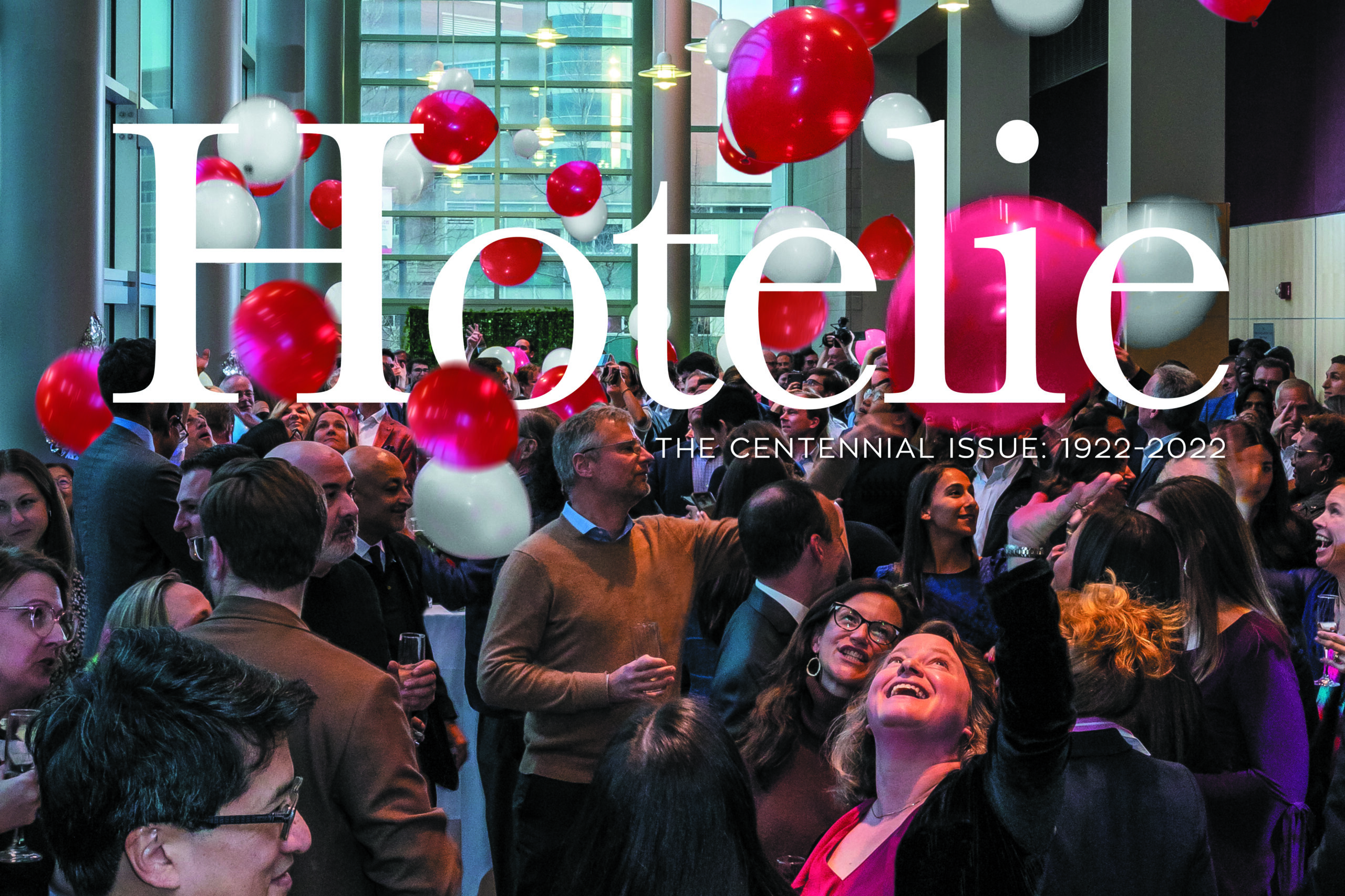 Cover of Hotelie Magazine, showing a crowd with red and white balloons.