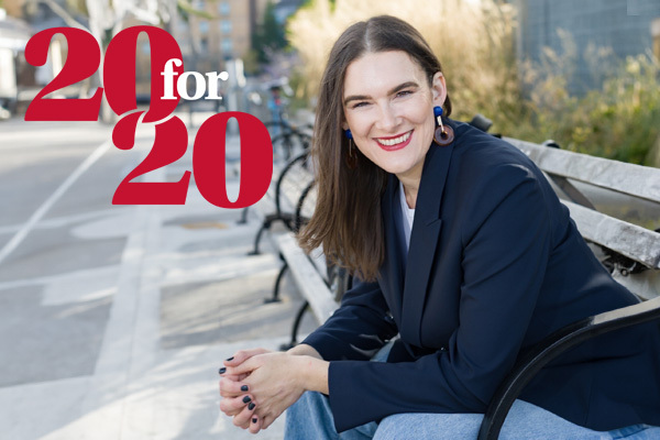 photo of Natalie Grillon sitting on a park bench with a 20 for 20 graphic identifier overlaid on the photo.