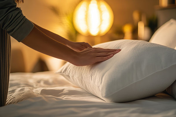 photo of a woman's forearms and hands pressing down on a pillow with soft lighting in the background.