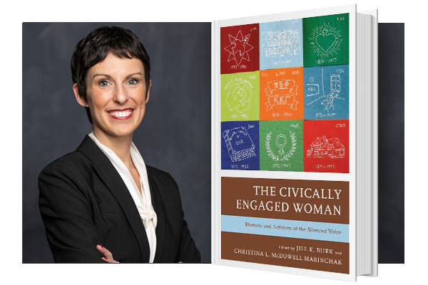 A headshot of a woman with short hair in a suit, next to an enlarged image of a book with a colorful cover.