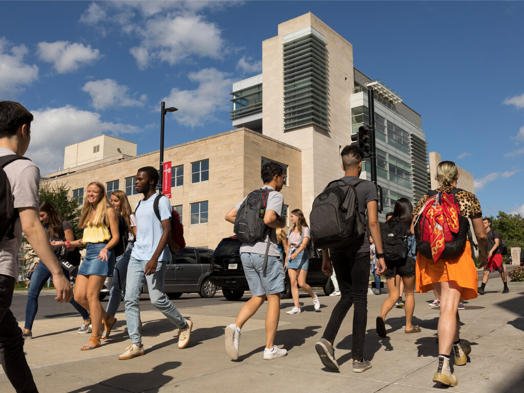 Statler Hall on a busy sunny day.