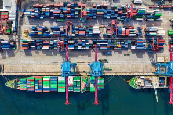 Birds-eye view of freight containers.