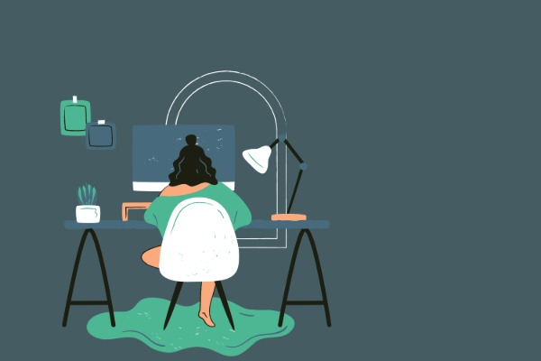 Illustration of a woman seated at a desk, working on a computer, surrounded by a desk lamp, a notebook and a small plant
